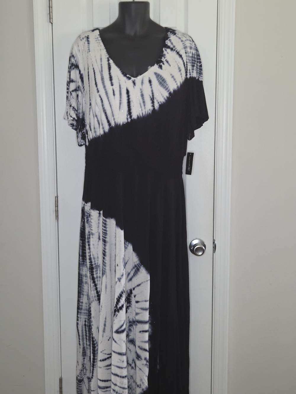 INC International Concepts Black, White and Blue Tie-Dye V-Neck Maxi Dress